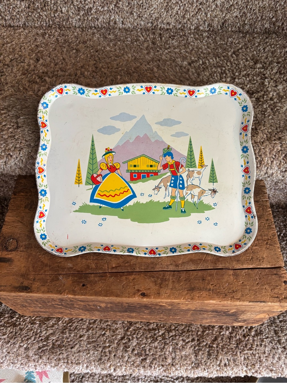Vintage Folk Art Metal Serving Tray - Alpine Couple Design